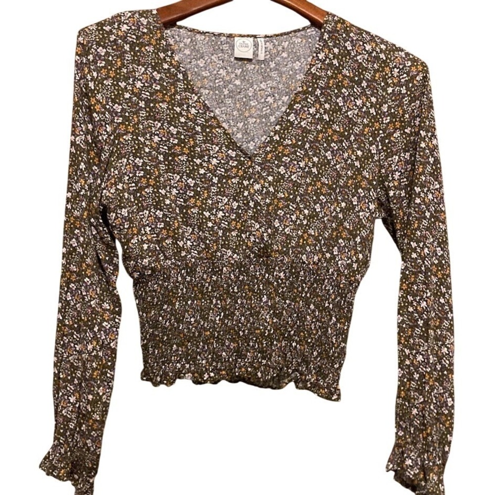 Paper Crane Womens Olive Green Floral Smocked Waist V-Neck Cropped Blouse Small